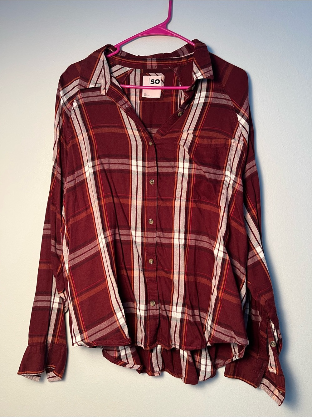 SO Maroon Plaid Button-Down Shirt with White Stripes